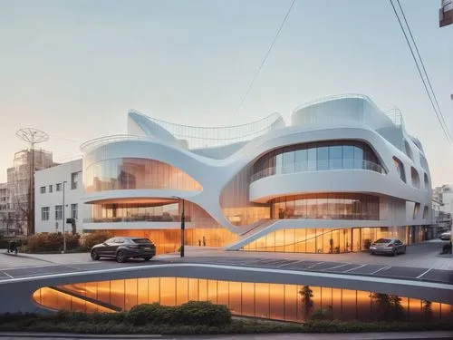 REMODELACION DE UNA PLAZA COMERCIAL, CON ARQUITECTURA NOVEDOSA,a building that has several different curves on it,futuristic architecture,dongdaemun,futuristic art museum,morphosis,modern architecture