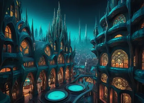 fantasy city,ancient city,undercity,labyrinthian,magorium,gaudi,3d fantasy,world digital painting,fantasy world,tentorium,prospal,lair,widsith,cityscape,metropolis,odditorium,obscura,fantasy landscape,kondos,fantasia,Illustration,Realistic Fantasy,Realistic Fantasy 11