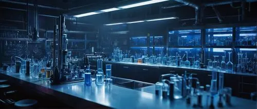 Stable diffusion, futuristic laboratory, sci-fi setting, modern equipment, various beakers, test tubes, microscopes, complex machinery, sleek metal surfaces, neon lights, dark blue tone, misty atmosph