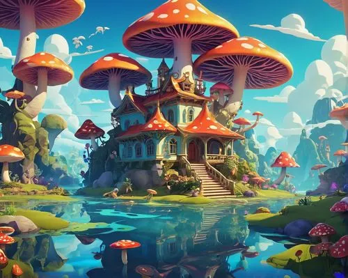 mushroom landscape,mushroom island,fairy village,fairy world,fairy chimney,toadstools,3d fantasy,fairy forest,fantasy landscape,fantasy world,fantasy city,bird kingdom,mushrooms,floating islands,club mushroom,scandia gnomes,apiarium,cartoon forest,floating island,wonderland,Conceptual Art,Fantasy,Fantasy 29