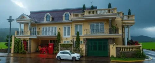 enhance to realistic photo,an image of a two story house in the rain,model house,residential house,bahay,simla,mausam,3d rendering,Photography,General,Realistic