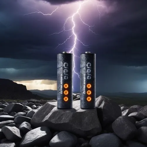 a digital batteries in a dark crack stone with wild storm with lightning effect on the background, dark sky, wide angle , storm


,two batteries sitting on top of a pile of rocks,alkaline batteries,re