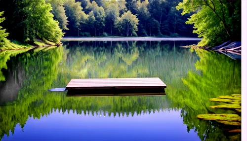 Serene lake, wooden dock, calm water reflection, surrounded by lush green trees, tranquil atmosphere, sunny day, warm lighting, shallow depth of field, natural texture, horizontal composition, realist