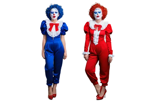 Clown, colorful curly hair, messy hairstyle, bright red nose, white face paint, red lipstick, blue eyeliner, oversized clothing, baggy pants, ruffled collar, shiny shoes, standing, dynamic pose, exagg