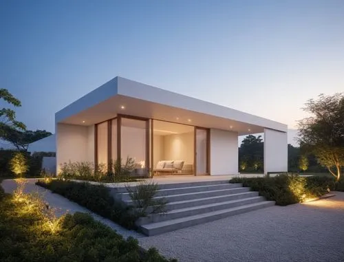 Small minimalist pavilion. No windows in the back. Implanted in a rural area full of vegetation. It also includes a beautiful front garden with a variety of vegetation.,Test/Prueba,modern house,landsc