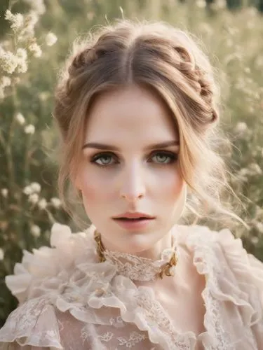 Anna, Countess Palatine of the Rhine,a beautiful woman in a field with some flowers,enchanting,romantic look,behenna,updo,victoriana,pale,Photography,Natural