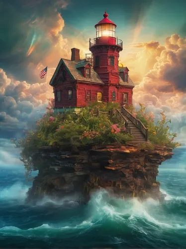 red lighthouse,lighthouse,electric lighthouse,light house,house of the sea,islet,frederic church,fantasy picture,world digital painting,light station,petit minou lighthouse,red cliff,fantasy art,fantasy landscape,mushroom island,photoshop school,fisherman's house,myst,thimble islands,sea landscape,Illustration,Realistic Fantasy,Realistic Fantasy 37