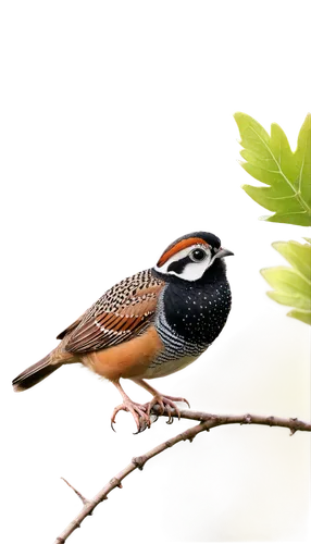 Quail, small bird, brown feathers, white stripes on forehead, black mask on face, round body, short tail, perched on branch, morning dew, soft sunlight filtering through leaves, shallow depth of field