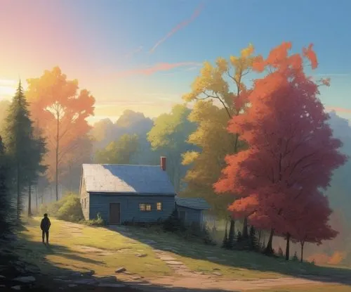 a painting of a rural country house and the person in silhouette,autumn morning,autumn background,autumn landscape,one autumn afternoon,autumn idyll,autumn scenery,autumn day,fall landscape,the autumn