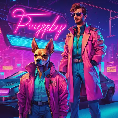 cyberpunk,80s,color dogs,80's design,pink family,furta,game art,neon arrows,album cover,ipê-purple,birds of prey-night,animal company,stray dogs,pink-purple,dog street,sexpuppe,would a background,cd cover,raging dogs,vapor,Conceptual Art,Sci-Fi,Sci-Fi 27