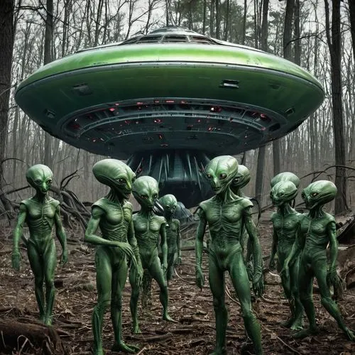 Only Aliens! Sci-fi movie: "Little Green aliens with Pointed Heads!"__1950s_style, cliche alien creatures (green with pointed heads!) standing in front of a crashed flying saucer type spaceship, setti