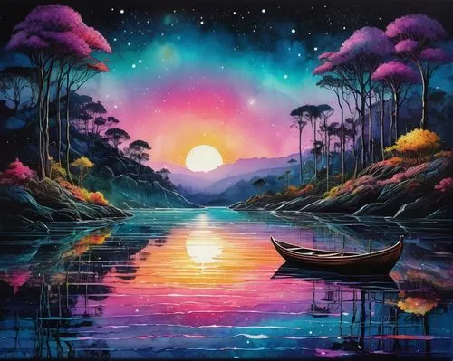 purple landscape,acid lake,fantasy landscape,lagoon,evening lake,river landscape,landscape background,dreamscape,boat landscape,fantasy picture,an island far away landscape,futuristic landscape,swamps,nature landscape,dream world,colorful background,waterscape,world digital painting,dreamscapes,nature background,Illustration,Abstract Fantasy,Abstract Fantasy 19