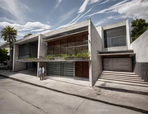 CONCRETO
,two people standing outside of a building on concrete,modern house,dunes house,modern architecture,exposed concrete,mid century house,residential house,cubic house,contemporary,3d rendering,