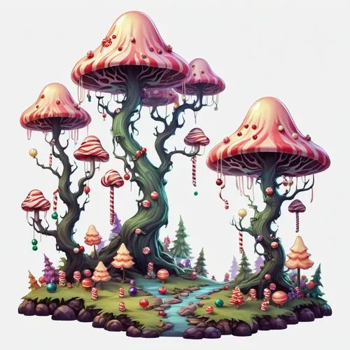 mushroom landscape,mushroom island,forest mushrooms,toadstools,mushrooms,tree mushroom,Illustration,Abstract Fantasy,Abstract Fantasy 11