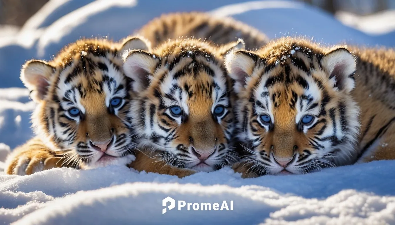 Siberian tiger cubs sleeping in the snow, beautiful blue sky, realistic - cinematic and realistic style, photography.,winter animals,tigers,siberian tiger,cute animals,tiger cub,the amur adonis,amur a