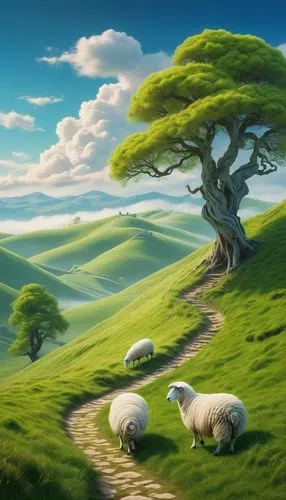 landscape background,fantasy landscape,cartoon video game background,rural landscape,sleepy sheep,the sheep,two sheep,counting sheep,meadow landscape,world digital painting,children's background,mushroom landscape,east-european shepherd,flock of sheep,a flock of sheep,fantasy picture,shepherd,shepherd romance,nature landscape,grassland,Illustration,Japanese style,Japanese Style 13