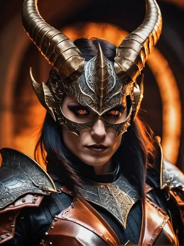 a stunning portrait of a horned female demon in a leather armor,  stands before a cracked paper screen. The demon's eyes are filled with fierce intelligence, and its fur is coated with a thick layer o