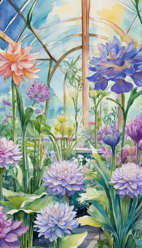 flower dome,flower painting,conservatory,winter garden,flower garden,botanical gardens,greenhouse cover,water lilies,lily pond,watercolor background,floral border,tropical bloom,greenhouse,palm house,garden of plants,flowering plants,spring garden,botanical garden,floral composition,lilly pond,Illustration,Realistic Fantasy,Realistic Fantasy 20