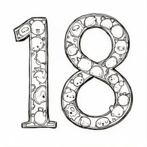 Create the number eighteen ('18') using a bold outline. The design includes the '1' and '8'. Inside the '8', which has two circular loops, place up to 5 small, proportional toy images such as stuffed 