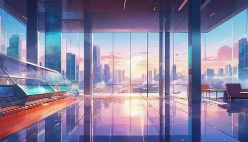 cityscape,futuristic landscape,cybercity,aqua studio,glass wall,sky apartment,skybridge,glass building,cyberport,skyloft,sky city,futuristic art museum,futuristic architecture,background design,fantasy city,cityview,skyways,skyscraping,colorful city,radiosity,Illustration,Japanese style,Japanese Style 03