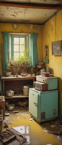 A dilapidated kitchen with dusty floors is scattered with neglected paraphernalia and a retro television and a fridge,abandoned room,abandoned places,luxury decay,disused,abandoned place,urbex,abandon