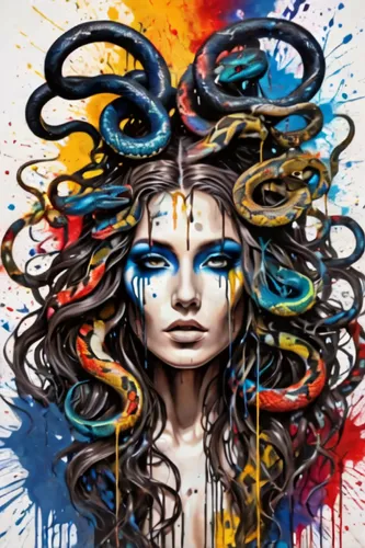 psychedelic art,medusa,boho art,gorgon,graffiti art,artist color,art painting,lithified,paint strokes,painted lady,horoscope libra,cmyk,bodypainting,fantasy art,psychedelic,illustrator,colorful spiral