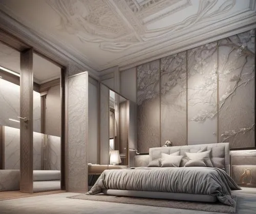 wall plaster,wallcoverings,sleeping room,ornate room,chambre,stucco wall,stucco ceiling,wallcovering,bedchamber,great room,rovere,interior design,luxury home interior,interior decoration,bedrooms,headboards,bedroom,3d rendering,modern room,modern decor