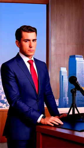 Male news anchor, suit, tie, formal hairstyle, confident expression, microphone in hand, standing behind a desk, luxurious background, wooden panels, leather chair, HD display screen, cityscape view f