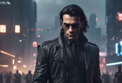 spy visual,black city,terminator,kojima,spy,cyberpunk,kabir,thane,aviator sunglass,matrix,male character,infiltrator,black coat,agent,daemon,main character,spy-glass,mumbai,3d man,blade