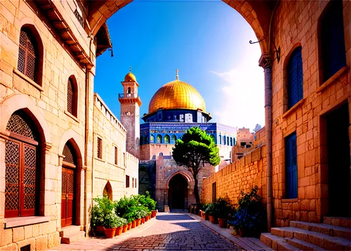 Jerusalem cityscape, Dome of the Rock, golden dome, intricate architecture, morning sunlight, soft warm light, narrow cobblestone streets, old stone buildings, ornate windows, flower-filled balconies,