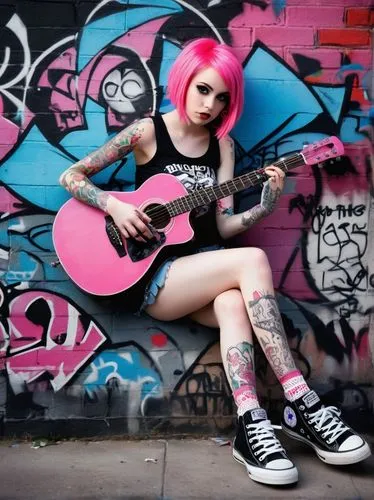 punk,guitar,painted guitar,playing the guitar,punk design,tattoo girl,rocker,pink shoes,electric guitar,guitarist,guitars,ukulele,epiphone,the guitar,guitar player,bright pink,concert guitar,musician,pink hair,bass guitar,Illustration,Realistic Fantasy,Realistic Fantasy 42