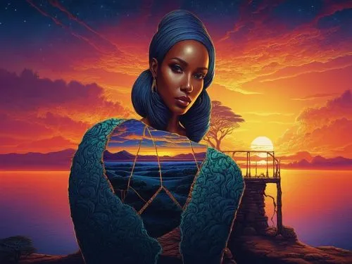 fractal sunset at africa,ibibio,afrofuturism,binti,azilah,african woman,oshun,nubia,nubian,oluchi,onyali,buika,kelefa,african american woman,nefaria,nephthys,aquarius,amaka,mariama,akilah,kunbi,Illust