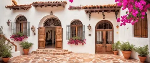 Spanish house architecture, white stucco exterior walls, curved terracotta roof tiles, ornate wooden door, wrought iron balconies, flower-filled ceramic pots, intricate stone carvings, arched windows,