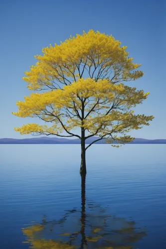 yellow leaf tree between calm body of water at daytime,yellow tabebuia,isolated tree,lone tree,sailing blue yellow,larch tree,painted tree,flourishing tree,tabebuia,american larch,yellow and blue,deci