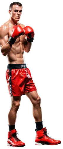 Male boxer, muscular physique, athletic wear, boxing gloves, intense facial expression, sweat droplets, dynamic pose, strong leg muscles, white and red boxing shorts, black boxing boots, low-angle sho