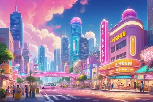 colorful city,fantasy city,cybercity,akiba,tokyo city,akihabara,pink city,megapolis,cybertown,city trans,susukino,microdistrict,shinjuku,sky city,cityscape,kabukicho,coruscant,cartoon video game background,cityzen,city scape,Illustration,Japanese style,Japanese Style 02