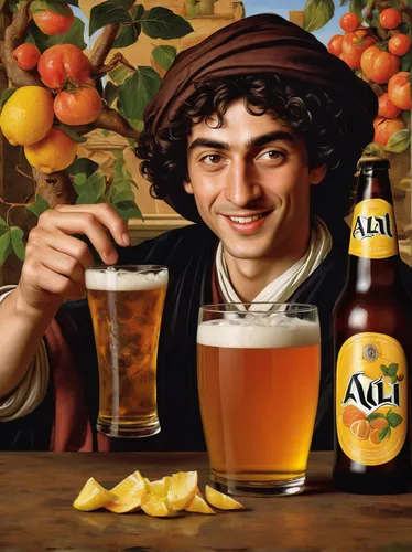 Create a cheerful advertisement showcasing the refreshing taste of Alai beer.,apulia,apfelwein,paulaner hefeweizen,aioli,alentejo,aperol,apple beer,the production of the beer,ratonero bodeguero andalu