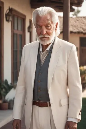 Old Man with a Mexican style, villain vibes. Elegant ranch house, white hair.   Elegant clothes, modern ranch. Chubby. ,cowasjee,naipaul,peterman,elderly man,zimerman,gandoman,balderrama,valderrama,sw