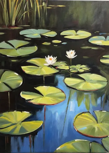 Lily Painting - Lily Pond Reflections by Donna Tuten,water lilies,white water lilies,lotus on pond,lotuses,lily pond,lily pads,lotus pond,pond lily,lilly pond,lotus,water lilly,lotus flowers,nelumbo,w