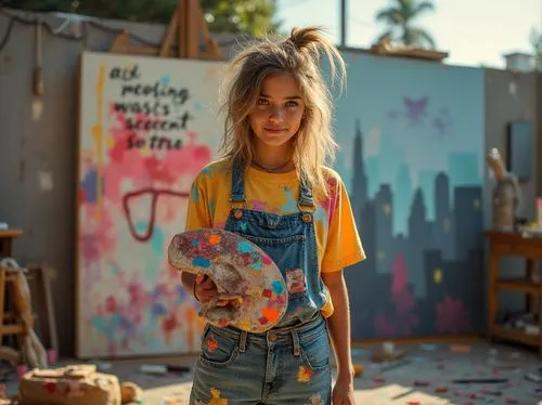 Youthful artist, 18yo, creative messy hair, colorful paint-stained clothes, holding a vibrant palette, standing in front of a large canvas, urban graffiti-style mural, cityscape background, bright sun