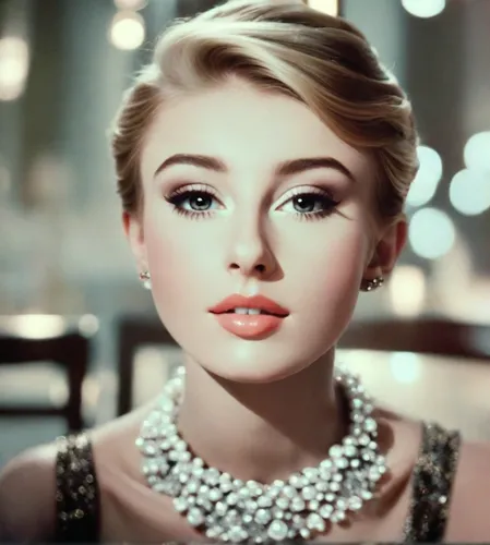 Blonde, Breakfast at Tiffany's, Audrey Hepburn-style,vintage makeup,pearl necklace,beautiful woman,beautiful young woman,beautiful face,bridal jewelry,audrey hepburn,pearl necklaces,beautiful model,mo