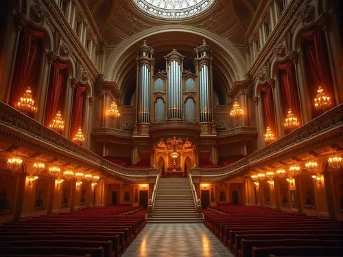 Grand music hall, Romanesque style, ornate architecture, intricate stone carvings, stained glass ceiling, majestic pipe organ, luxurious red velvet curtains, golden chandeliers, grand staircase, marbl