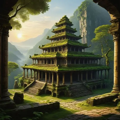 stone pagoda,asian architecture,ancient city,stone palace,ancient buildings,pagodas,ancient house,rathas,buddhist temple,chortens,temple,dojo,hanging temple,shrines,fantasy landscape,tempel,sanctum,temples,shambhala,landscape background,Art,Classical Oil Painting,Classical Oil Painting 25