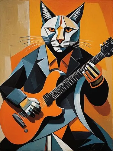 jazz guitarist,guitar player,musician,cavaquinho,guitarist,itinerant musician,classical guitar,blues and jazz singer,thundercat,cubism,jazz singer,cartoon cat,charango,picasso,painted guitar,acoustic-electric guitar,the cat,cat vector,red cat,david bates,Art,Artistic Painting,Artistic Painting 05