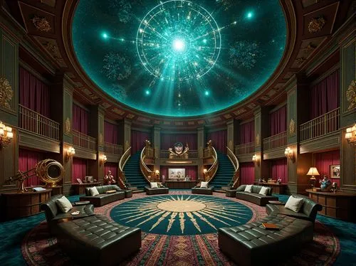 stargates,ornate room,antechamber,planetarium,fractal environment,cochere,sanctum,orrery,spaceship interior,imaginarium,ufo interior,mysterium,musical dome,sci fiction illustration,theater stage,ballroom,holodeck,blue room,azathoth,background design