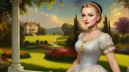 Romantic masterpiece oil painting, beautiful curvy busty woman portrait, silk dress, southern belle, nostalgic 1950's style kitsch, breathtaking beautiful epic vast southern plantation landscape, maje