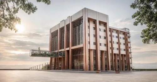 TAKE PINK COLOR FROM THE IMAGE AND CHANGE THE BUILDING COLOR IN RED SANDSTONE WITH ROUGH TEXTURE
show green trees on back of the building,autostadt wolfsburg,new building,biotechnology research instit