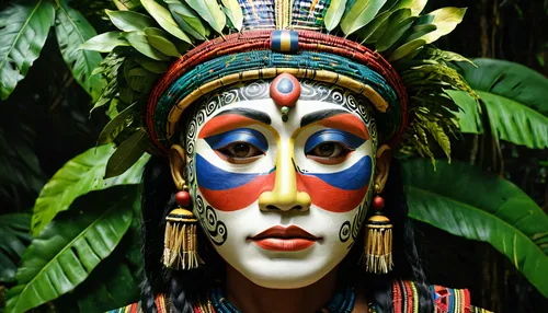 bodypainting,mandrill,papuan,body painting,tribal chief,tribal masks,maracatu,theyyam,indian headdress,shamanic,brazil carnival,peruvian women,headdress,pachamama,png sculpture,wooden mask,face paint,pachamanca,bodypaint,inca face,Illustration,Realistic Fantasy,Realistic Fantasy 08