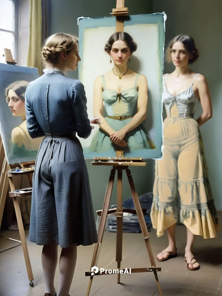 The picture shows the famous German painter Franz Lenbach (Munich) from behind in the foreground, painting at an easel. On the easel is a half-finished portrait of Anna Schäffer. In the blurred backgr