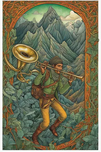 Write a thrilling story involving a trumpet climber who embarks on a dangerous expedition.,bodhrán,khokhloma painting,mountain guide,the spirit of the mountains,the wanderer,ranger,pilgrim,trumpet cli